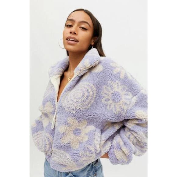 Urban Outfitters Olivia Sherpa Fleece Jacket Flower Purple Full Zip Womens XS - Picture 1 of 9